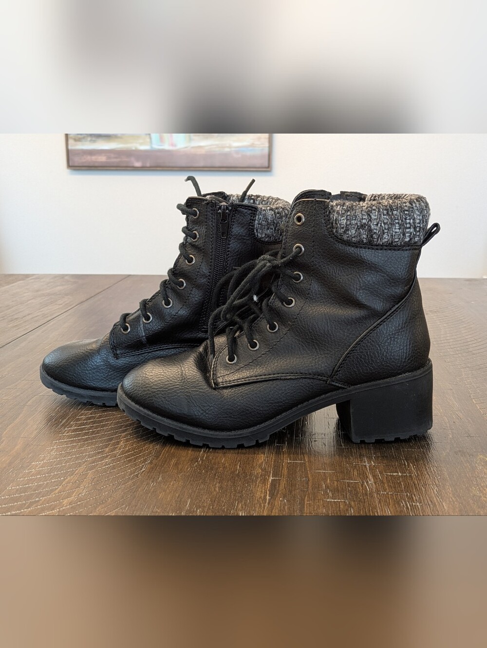 Black Lace-Up Ankle Boots with Knit Collar Girls Size 5